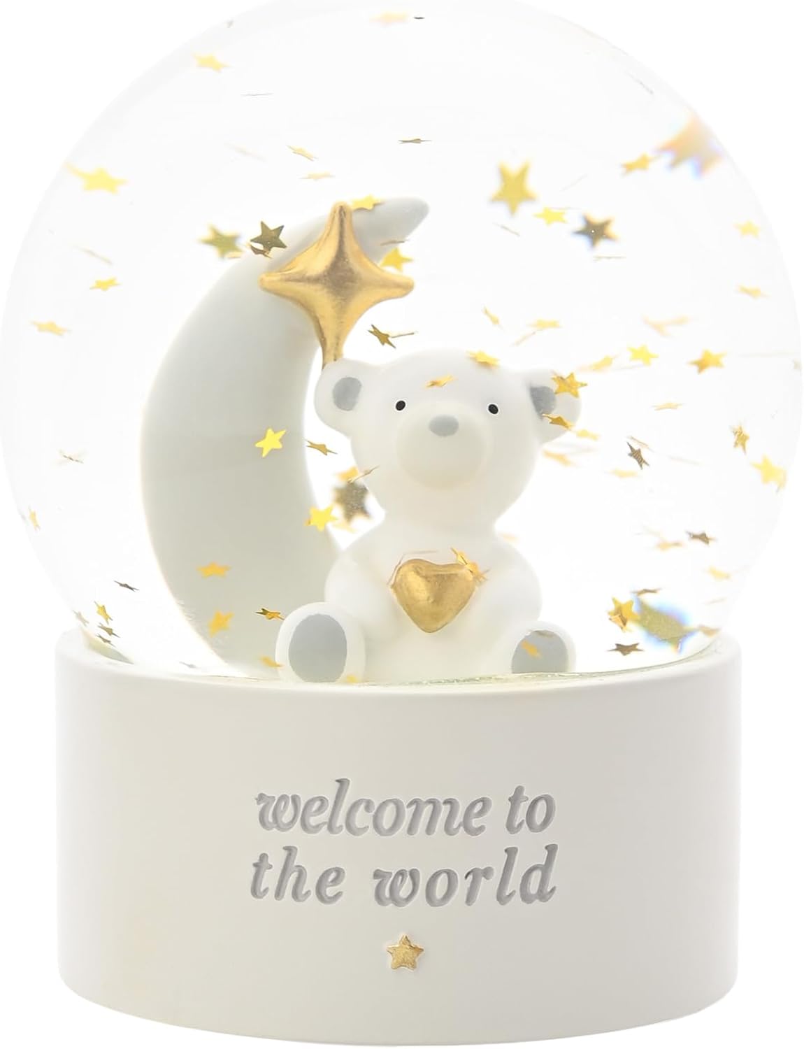 Bambino By Juliana 'Welcome To The World' Teddy & Moon Water Globe - White. Gifting to Celebrate Newborn Children, Family & Love - Present for New Born, Baby Shower & Christening.
