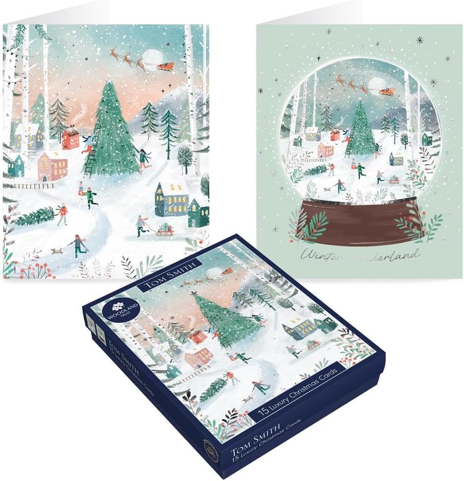 Tom Smith Boxed Christmas Cards Pack - 15 Luxury Xmas Cards with Envelopes and Seals - Seasonal Village and Snow Globe Designs - Recycled Eco Friendly Christmas Card Set