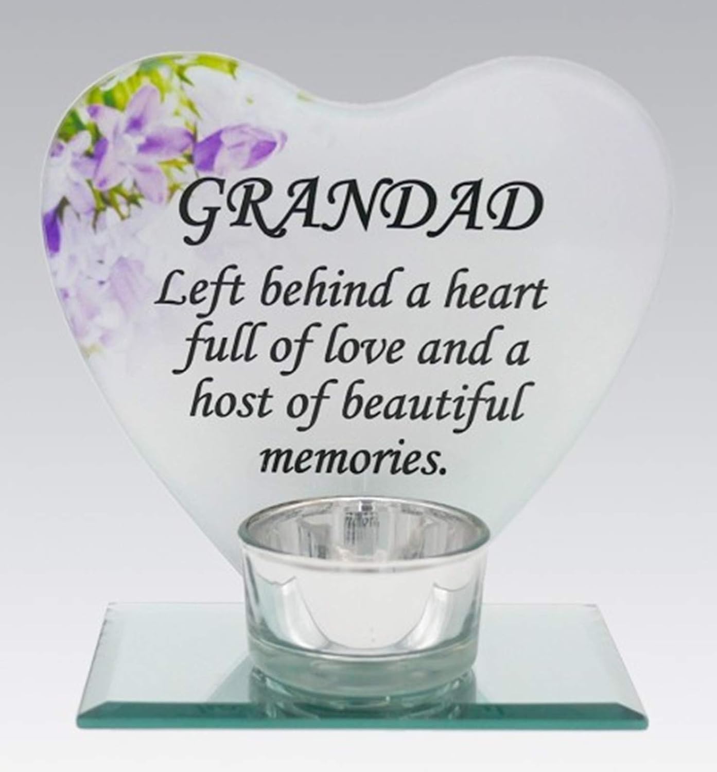 Grandad Glass Heart Memorial Plaque Tealight Candle Holder Floral