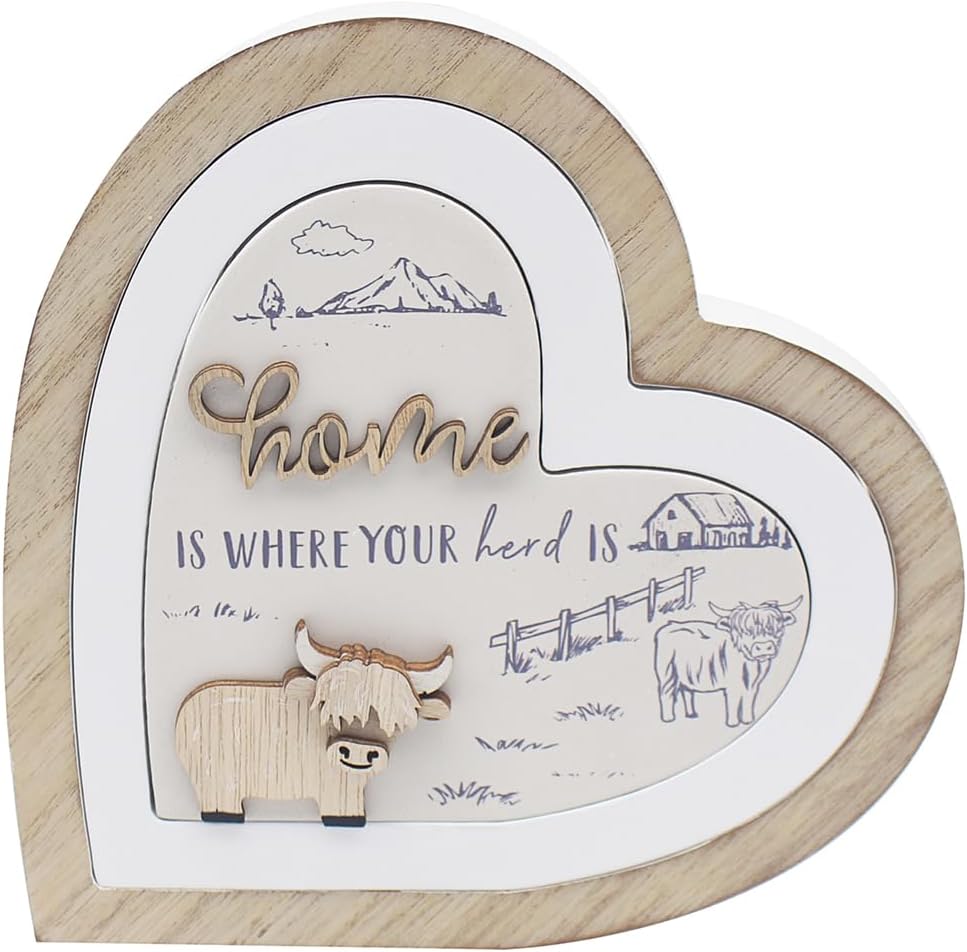Lesser & Pavey Love & Affection Highland Cow 3D Wooden Heart Home Plaque