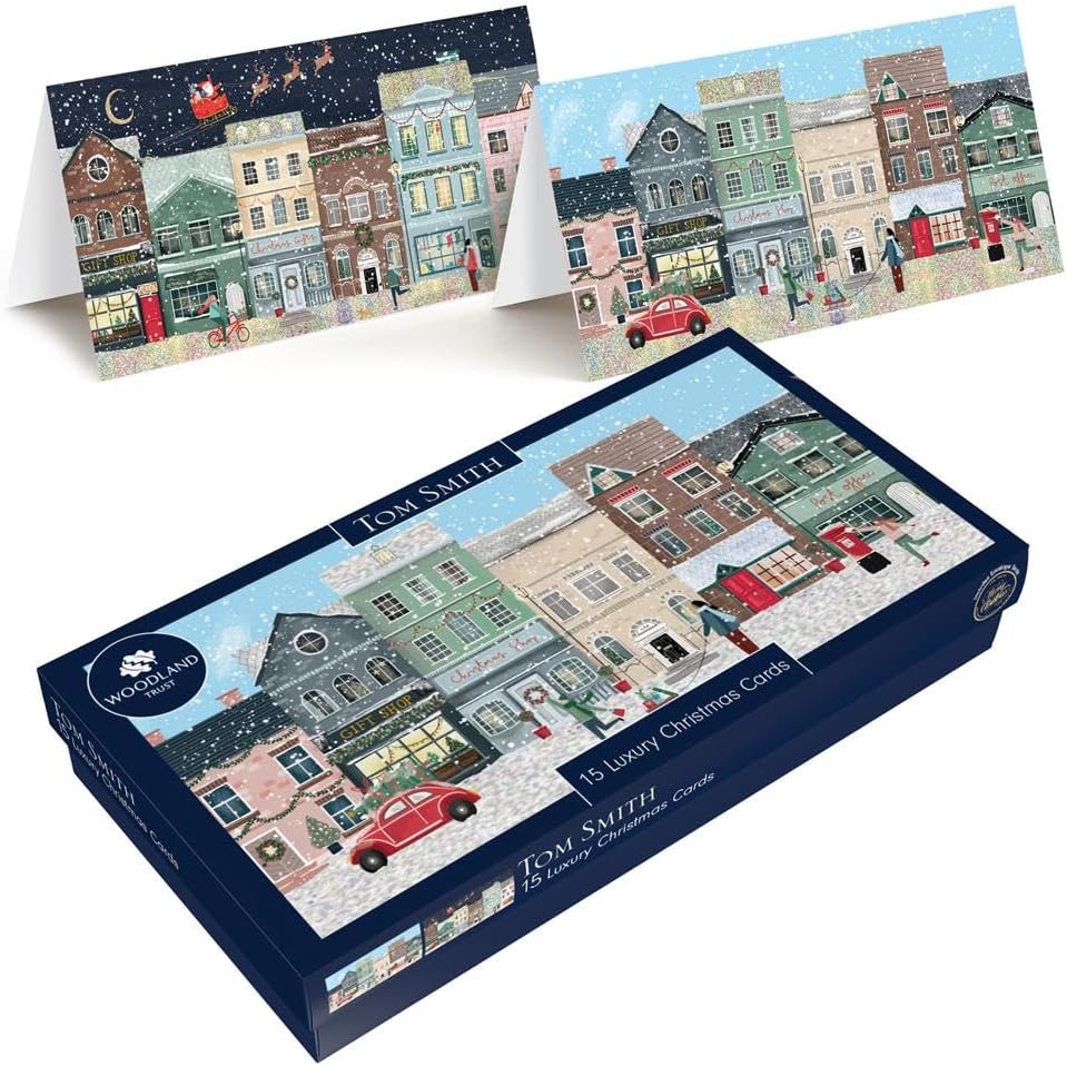 Tom Smith Boxed Christmas Cards Pack - 15 Luxury Xmas Cards with Envelopes and Seals - Slimline Festive Shopfront Designs - Recycled Eco Friendly Christmas Card Set