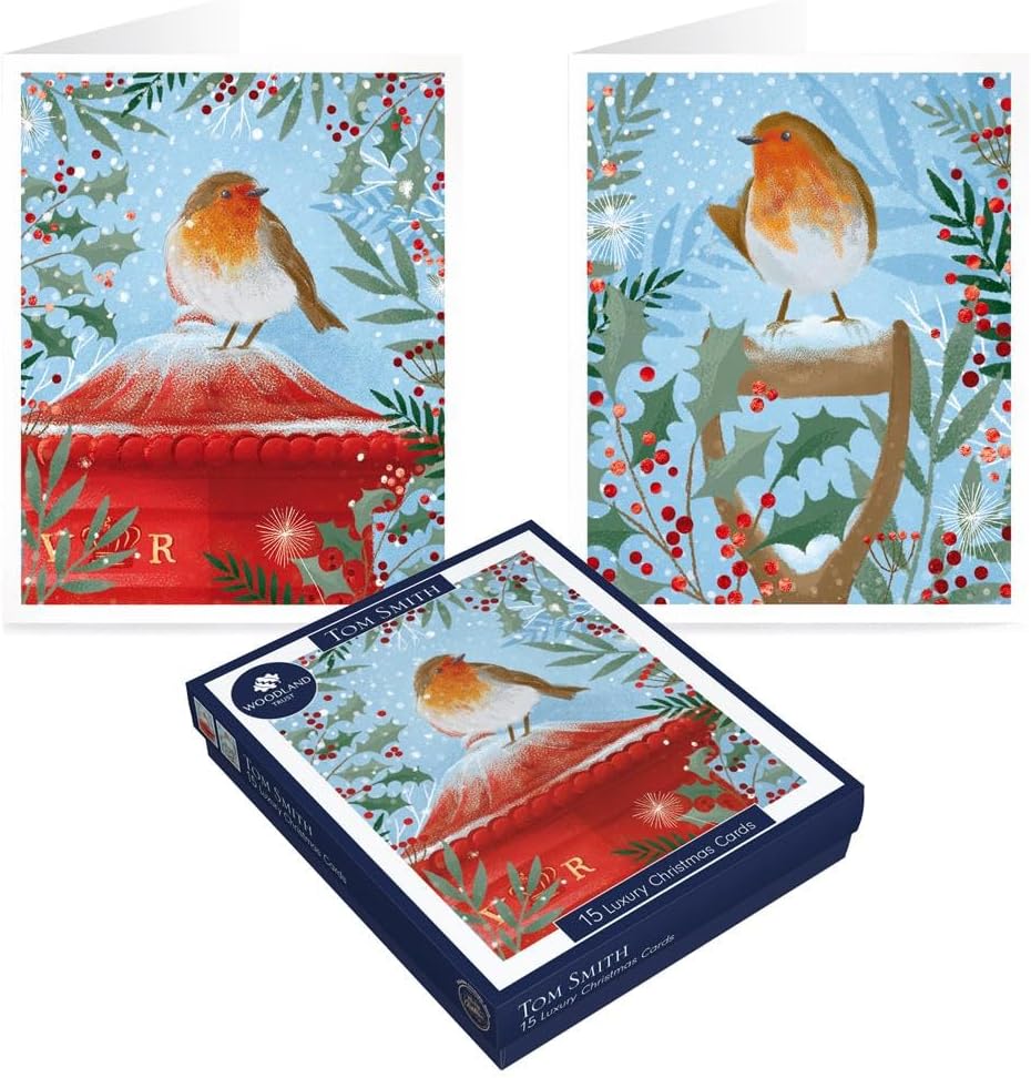 Tom Smith Boxed Christmas Cards Pack - 15 Luxury Xmas Cards with Envelopes and Seals - Seasonal Robin Designs - Recycled Eco Friendly Christmas Card Set