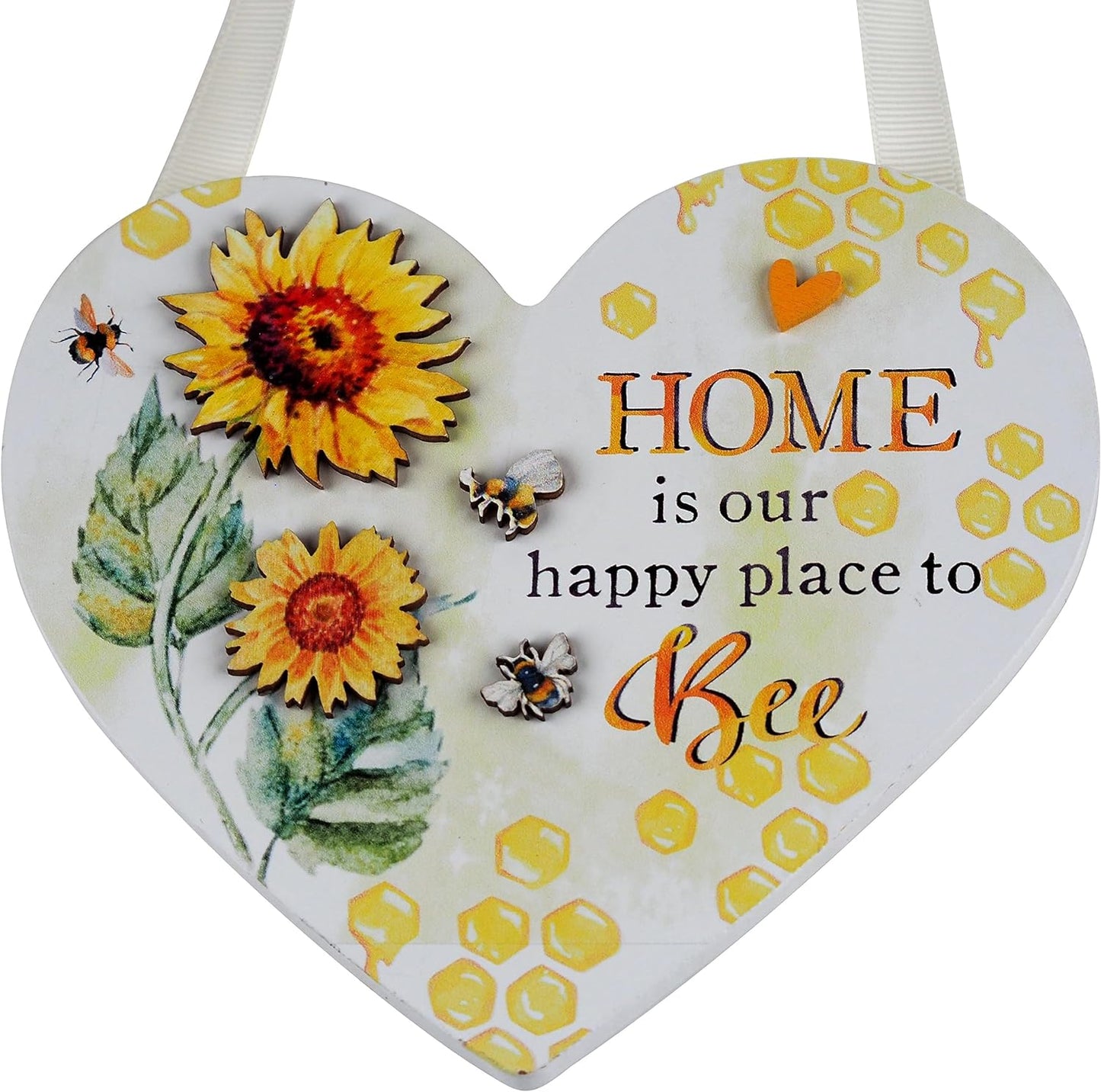 Lesser & Pavey Bee Happy Sunflower Wooden Heart Shaped Plaque Hanging Door Decor Summer Floral