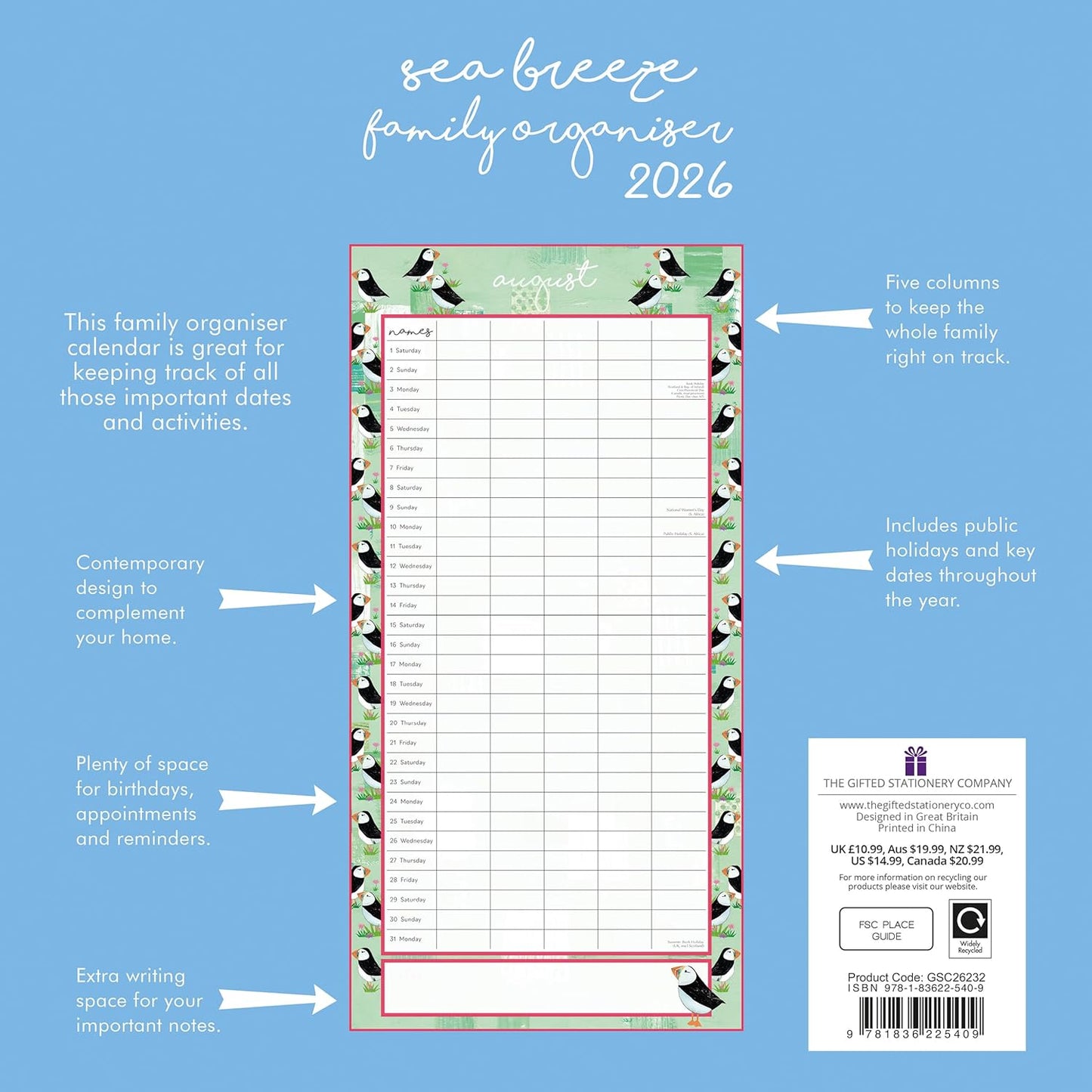 TGSC | Sea Breeze Family Organiser 2026 Calendar 16 Month Family Square Wall Calendar 2026 UK | Planner with Large Grid for Home or Office Organisation - Home Organisers 2026/2025 Calendar UK