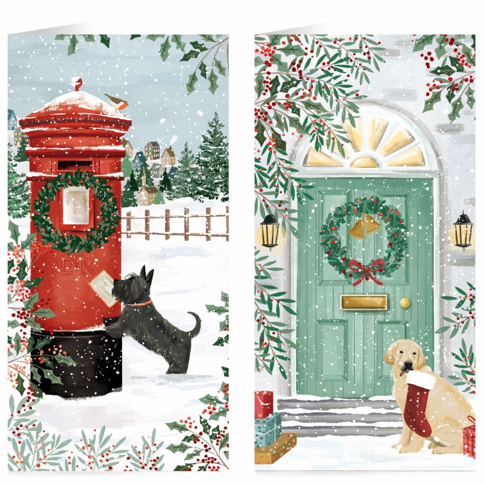 Tom Smith Boxed Christmas Cards Pack - 15 Luxury Xmas Cards with Envelopes and Seals - Slimline Dog Postbox & Front Door Designs - Recycled Eco Friendly Christmas Card Set