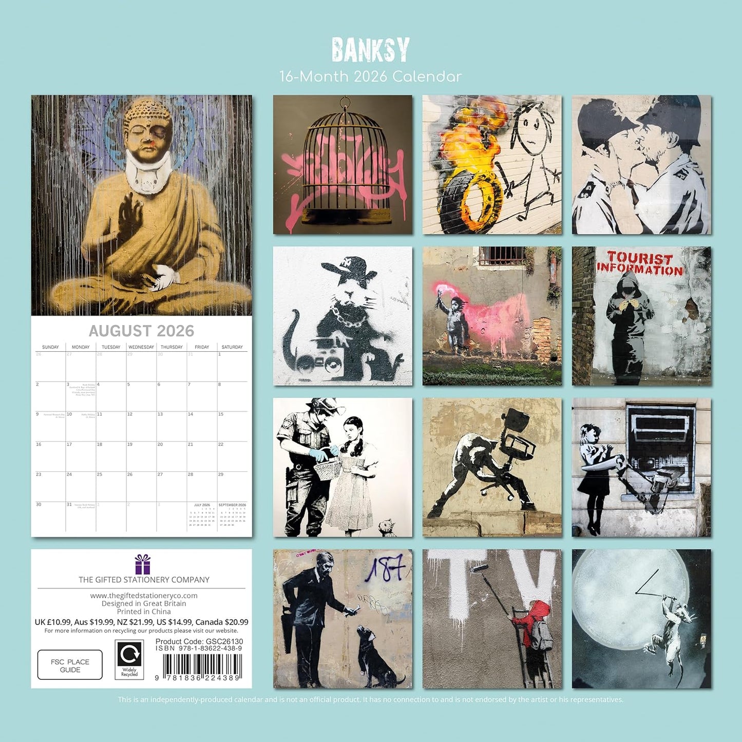 Banksy 2026 Calendar 16 Month (Sept 2025-Dec 2026) Family Square Wall Calendar 2026 UK | Planner with Large Grid for Home or Office Organisation - Art 2026/2025 Calendar UK
