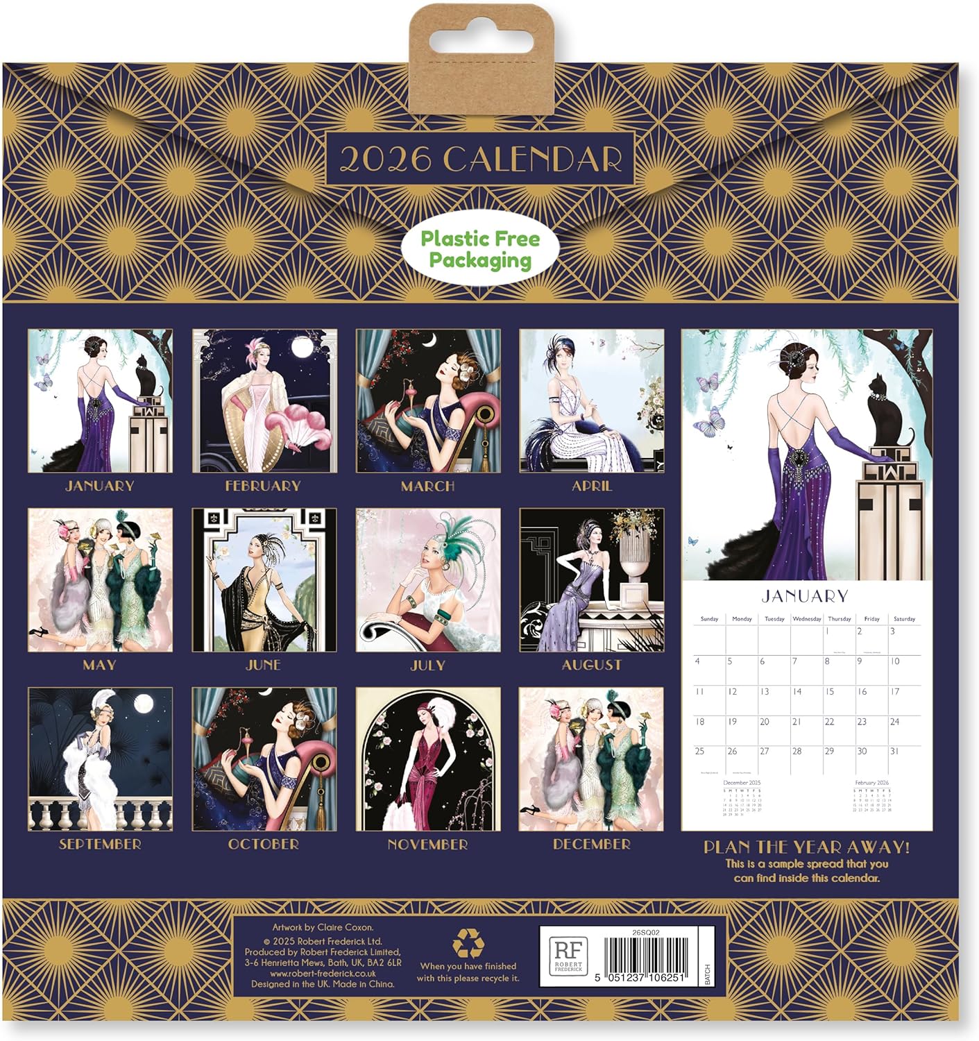 Claire Coxon Art Deco 2026 Square Wall Calendar | Monthly Planner Featuring Original Art Deco Illustrations | Elegant Decorative Calendar