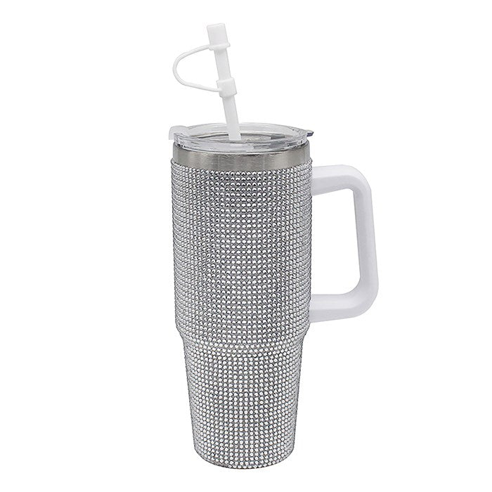 Silver Diamante Drinks Cup for Hot Or Cold Drinks | Large Thermal Travel Mug with Lid & Straw for Office, Gym, Home Or Travel | Insulated Tumbler Coffee Cups for Daily Use