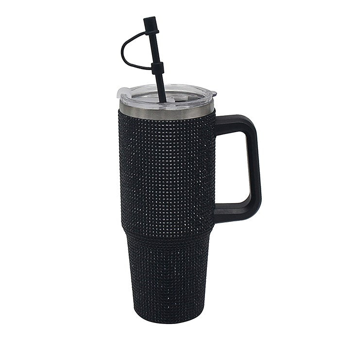 Black Diamante Drinks Cup for Hot Or Cold Drinks | Large Thermal Travel Mug with Lid & Straw for Office, Gym, Home Or Travel | Insulated Tumbler Coffee Cups for Daily Use