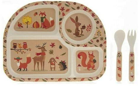 Natural Bamboo Feeding Set,Children, Plate Cup Spoon Fork Bowl Sets Woodland Animal