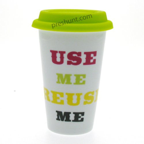 Use Me Reuse Me - Double Walled Ceramic Travel Mug - Green - hanrattycraftsgifts.co.uk