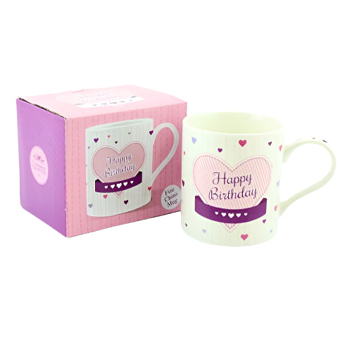 "Happy Birthday" Fine China Mug with Pink Love Heart Artwork and Matching Presentation Box - hanrattycraftsgifts.co.uk