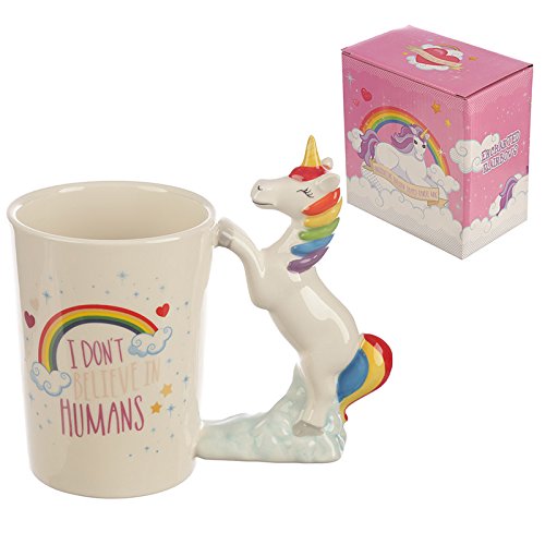 Ceramic I Don't Believe in Humans Unicorn Shaped Handle Mug - hanrattycraftsgifts.co.uk