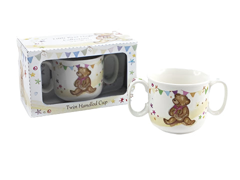 Teddy Bear Decorated, Fine China Twin Handled Baby Trinket / Keepsake Cup with Presentation Box - hanrattycraftsgifts.co.uk