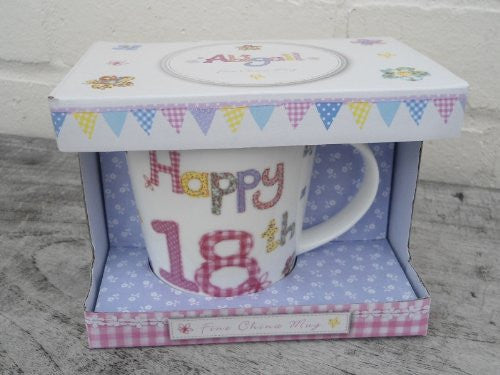 Fine China Mug - "Happy 18th" Presented in a Gift Box - Design by Abigail Mill - hanrattycraftsgifts.co.uk