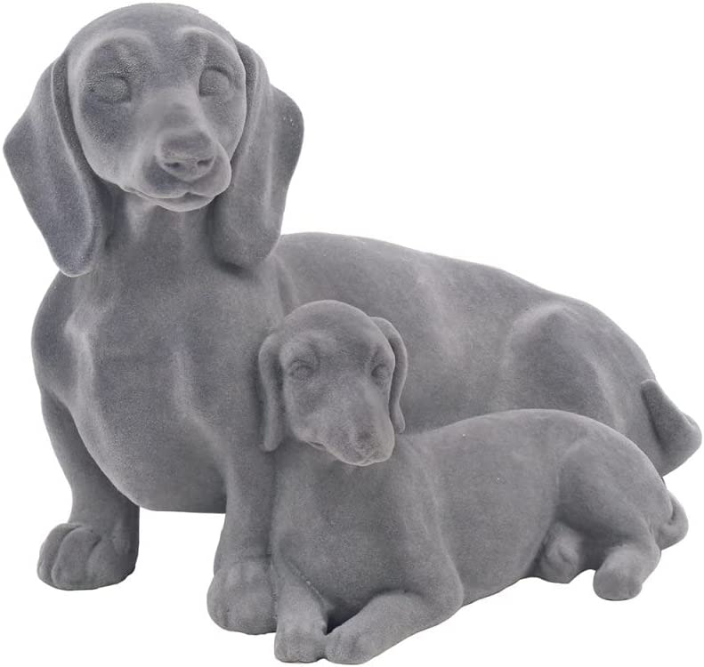 Grey Velvet Dachshund and Baby Pup Ornament Dog Puppy Velveteen Figurine