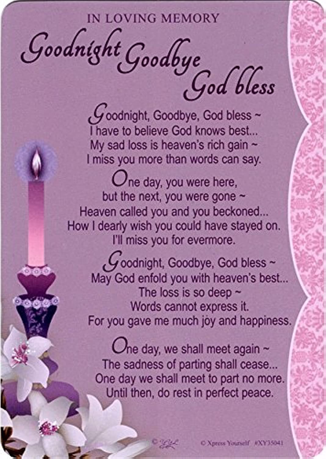 Grave/Graveside Memorial Card - In Loving Memory Goodnight Goodbye God bless