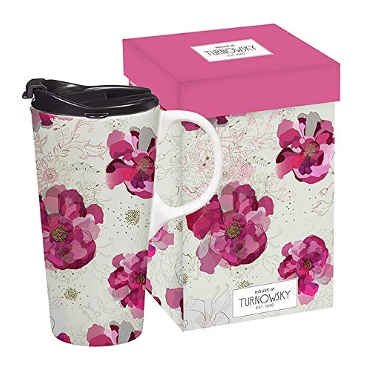 Turnowsky Pink Peony Travel Mug Ceramic with Handle