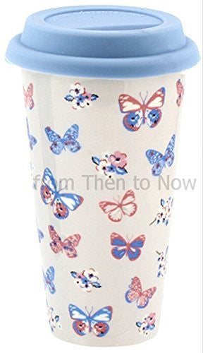 Insulated Double Walled Travel Mug Ceramic Vintage Butterfly (Cream Eggshell) - hanrattycraftsgifts.co.uk