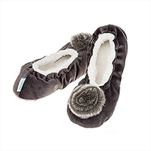 Luxury Deep Grey Velvet Pom-Pom Snoozies Ballet Slippers - Ladies SMALL UK 3-4 - hanrattycraftsgifts.co.uk