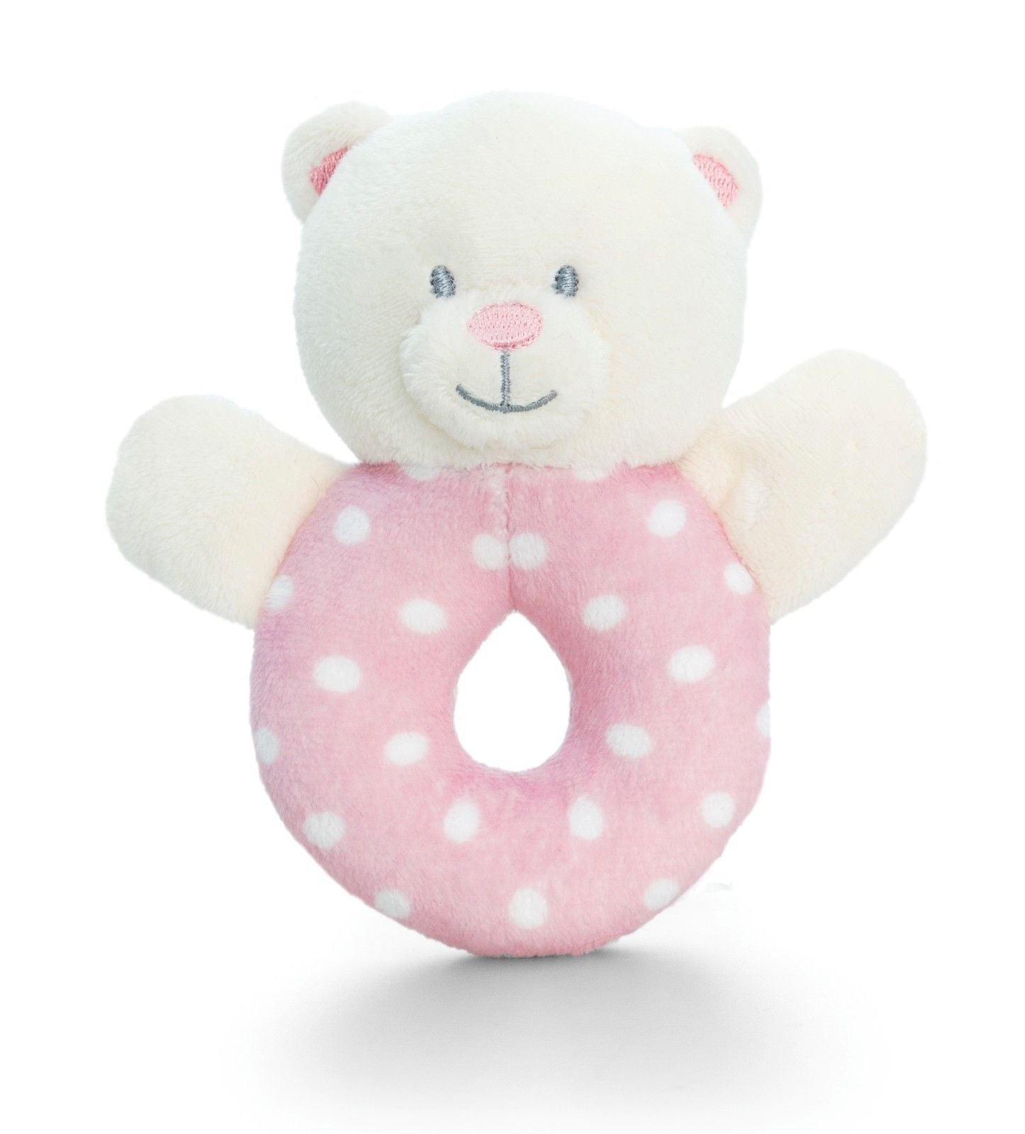 PINK WHITE SPOTTY Baby s First Rattle Teddy Bear Baby Girl Gift