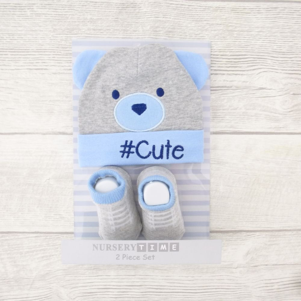 Boys Hat and Socks Set 0-6 Months Grey/Blue - hanrattycraftsgifts.co.uk