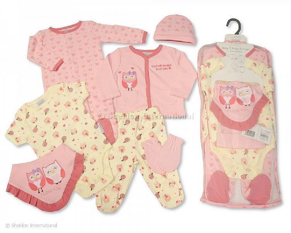 Nursery Time NT0692 Owl design 7 piece Pink/Cream gift set. Available for Newborn to 6 months in 3 sizes. (3-6 months Pink) - hanrattycraftsgifts.co.uk