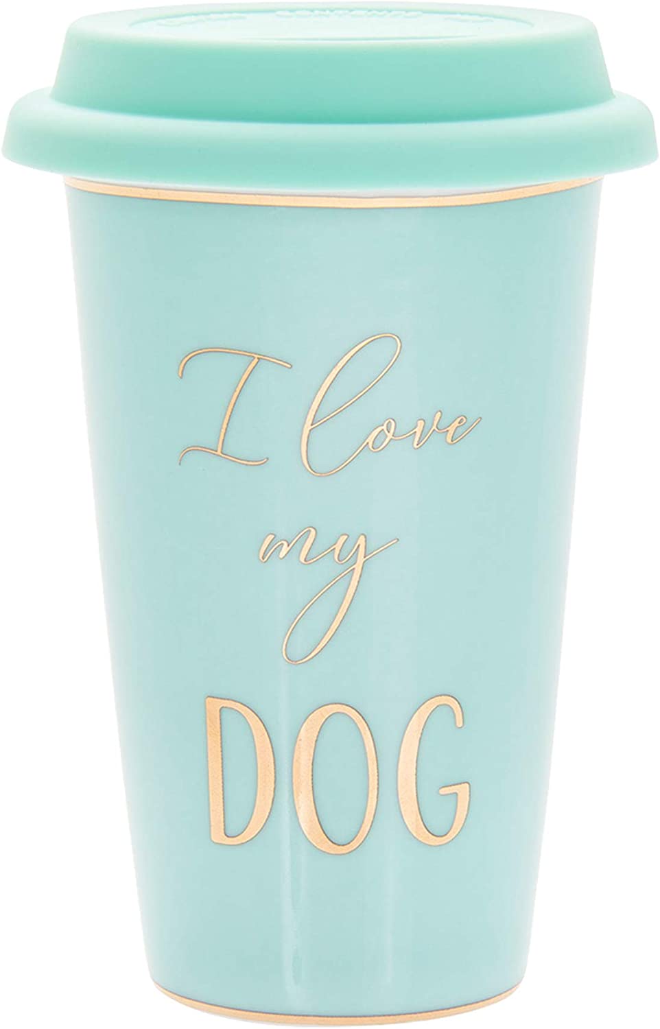 Fine China Green Travel Mug - Silicone Lid, Gold Wording and Trim - I Love My Dog