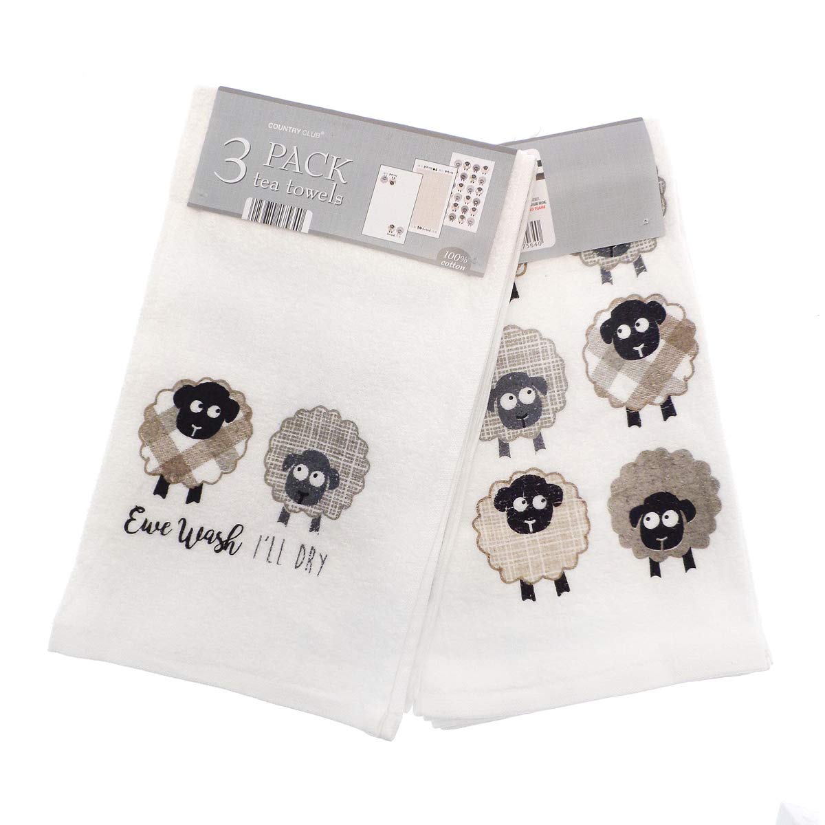 Country Club Set of 3 Tea Towels, Ewe Wash - hanrattycraftsgifts.co.uk