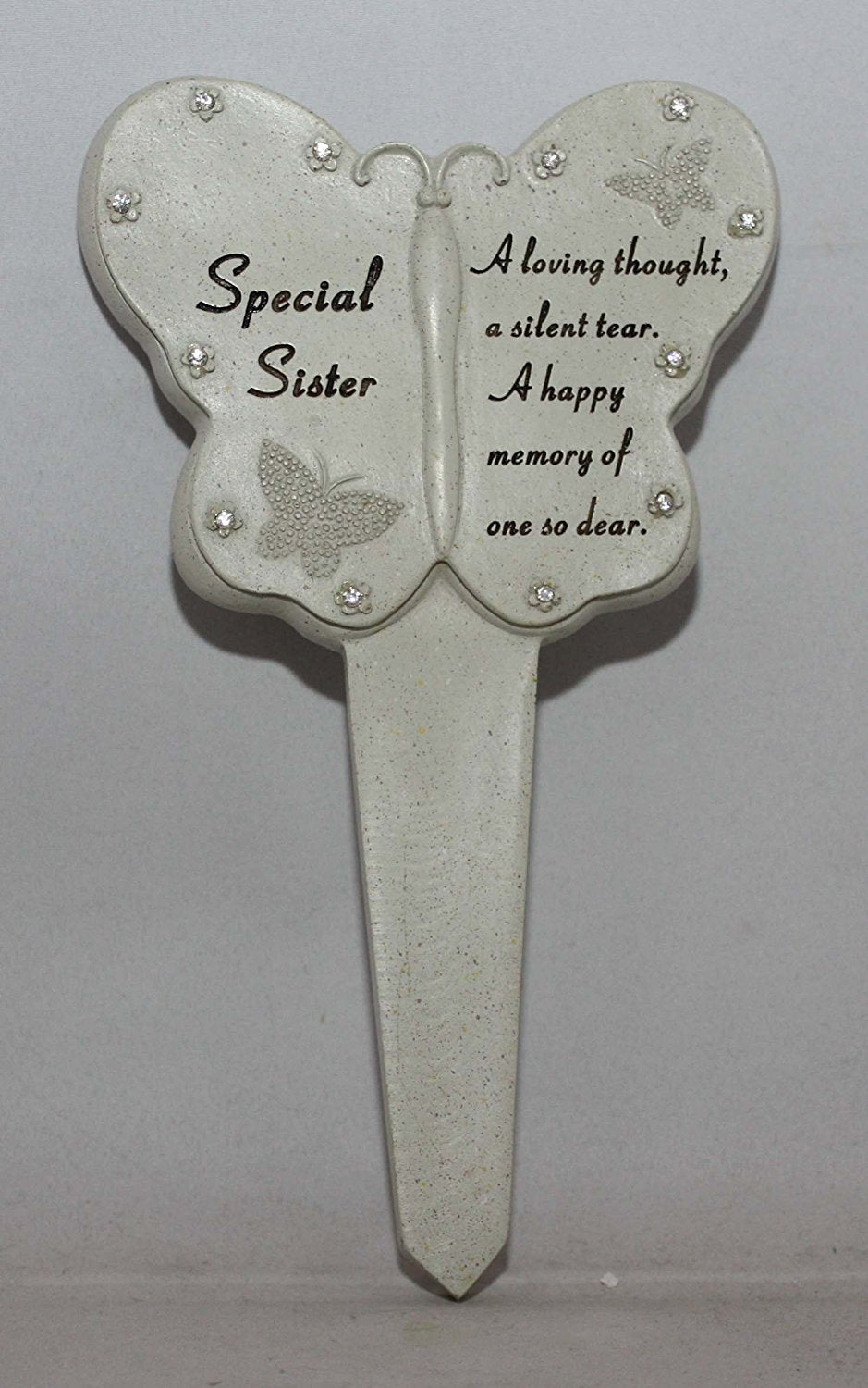 Sister Diamante Memorial Butterfly Stake Garden Stone Plaque Grave Ornament pushes in ground - hanrattycraftsgifts.co.uk