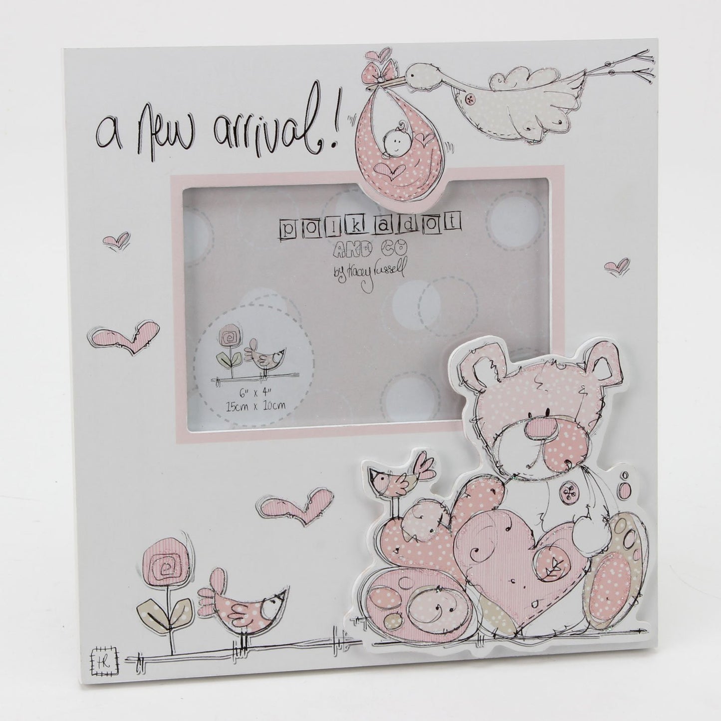Tracey Russell 6"x4" MDF Photo Frame A New Arrival Girl Design Pink Polka Dot Frame - hanrattycraftsgifts.co.uk