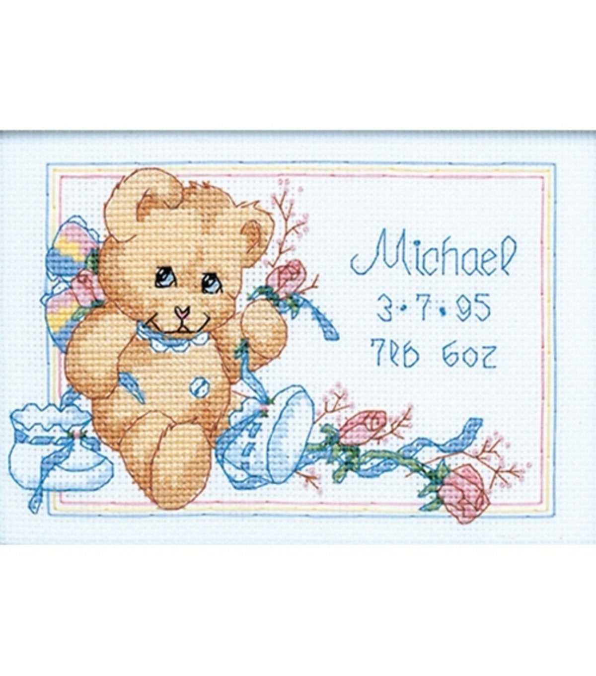 Dimensions Jiffy Bear In Booties Birth Record Mini Cntd XStitch Kit - hanrattycraftsgifts.co.uk