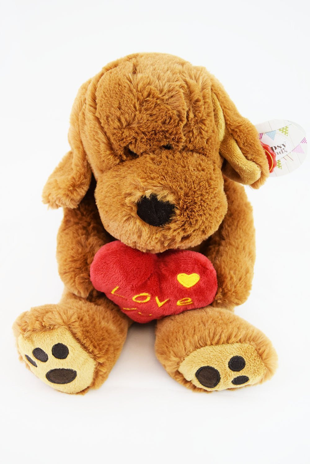 Floppy Dog Cuddly Toy Valentines Gift Brown Puppy Love Heart with Love You Heart - hanrattycraftsgifts.co.uk