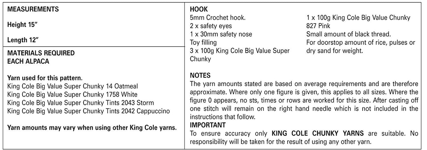 King Cole 9081 Crochet Pattern Andre the Alpaca Toy / Doorstop in King Cole Big Value Super Chunky - hanrattycraftsgifts.co.uk