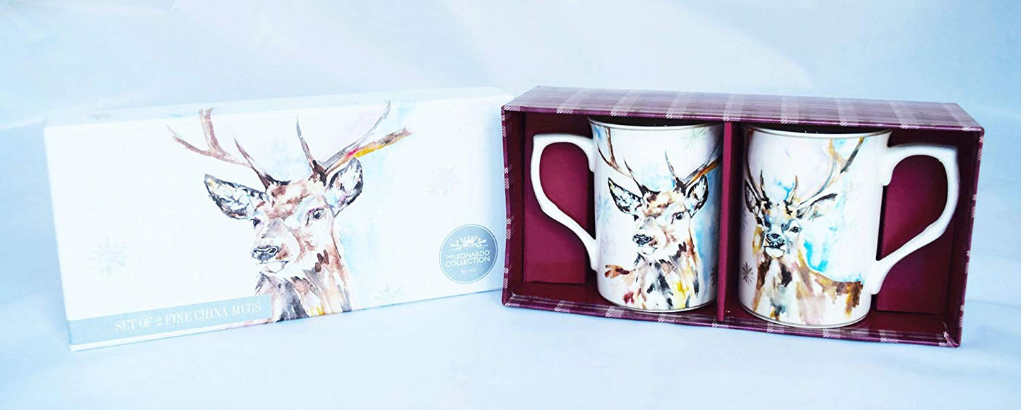 Set Of 2 Two Reindeer Mugs Christmas Wildlife Coasters Leonardo Collection China - hanrattycraftsgifts.co.uk