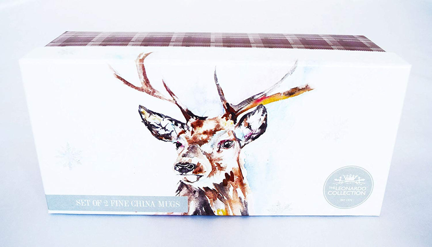 Set Of 2 Two Reindeer Mugs Christmas Wildlife Coasters Leonardo Collection China - hanrattycraftsgifts.co.uk