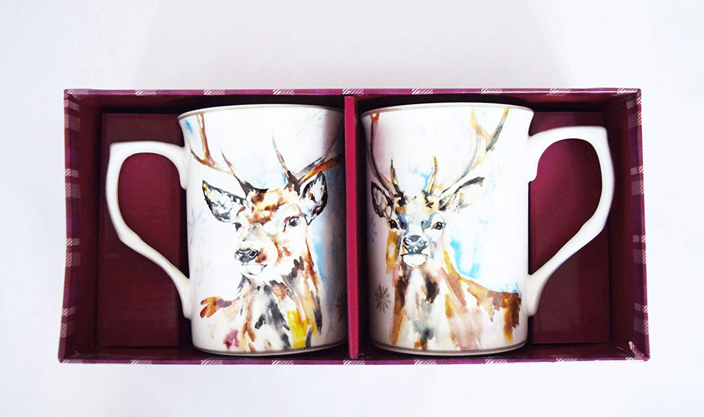 Set Of 2 Two Reindeer Mugs Christmas Wildlife Coasters Leonardo Collection China - hanrattycraftsgifts.co.uk