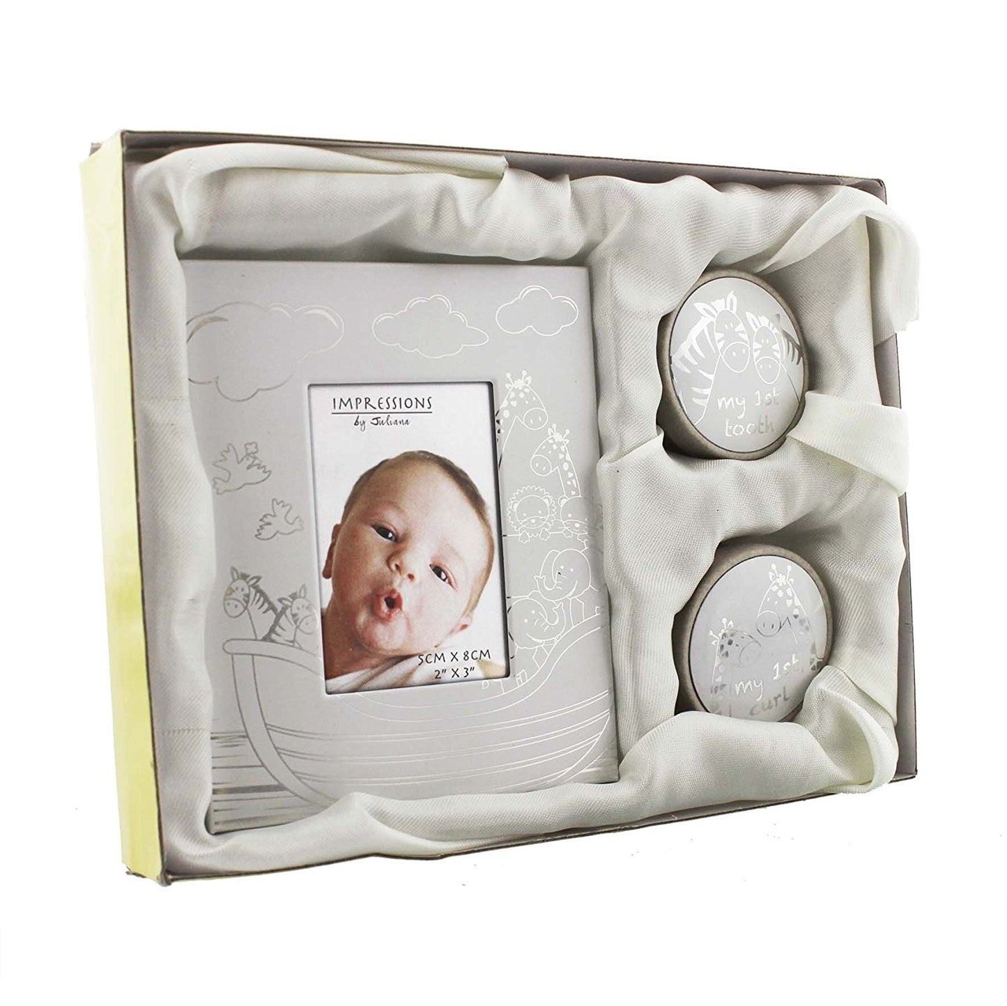 Noahs Ark Design Aluminium First Tooth, Curl & Photo Frame Gift Set - hanrattycraftsgifts.co.uk