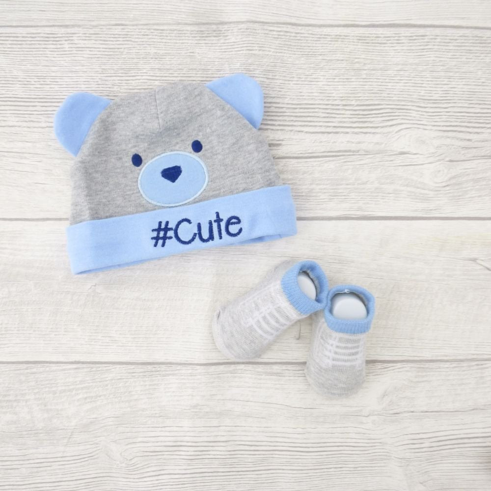 Boys Hat and Socks Set 0-6 Months Grey/Blue - hanrattycraftsgifts.co.uk