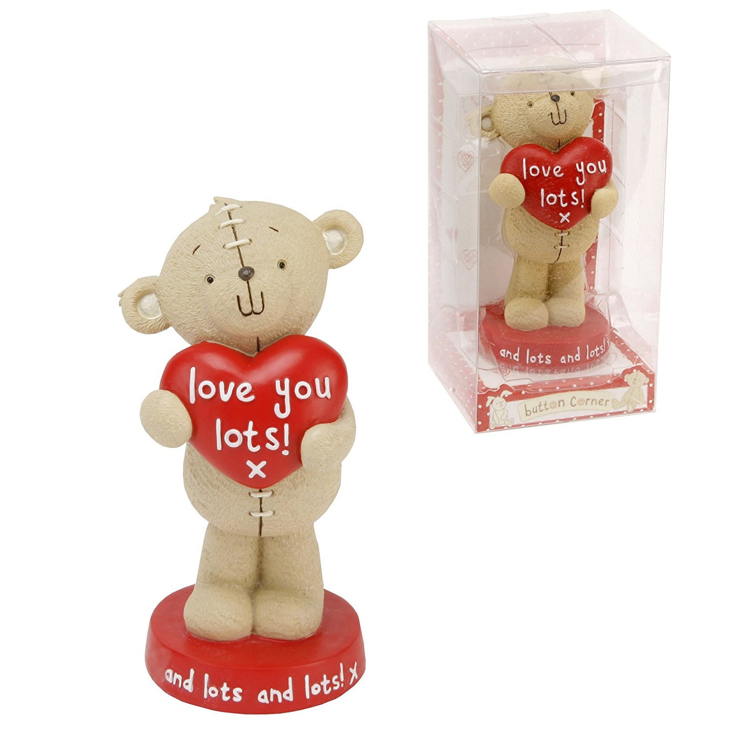 Button Corner "Love You Lots and lots and lots" Resin Figurine 11cm Bear with Heart - hanrattycraftsgifts.co.uk