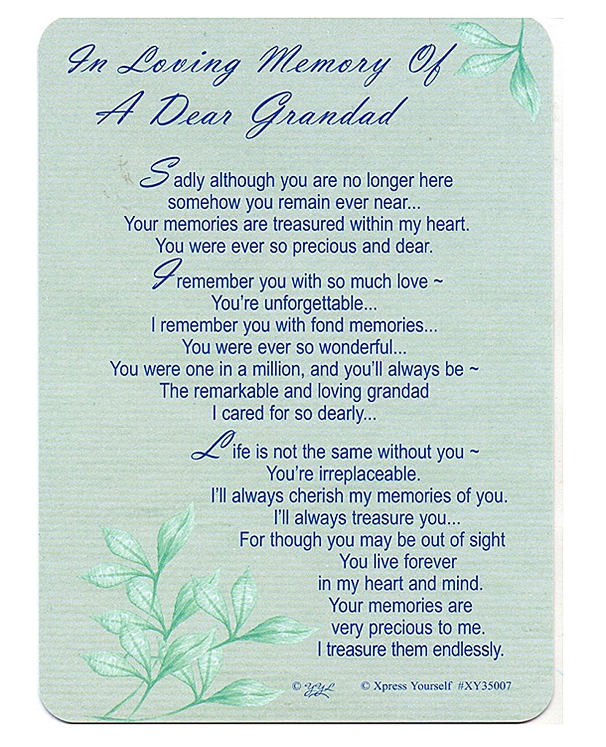 In Loving Memory - Of A Dear Grandad - Grave/Graveside Memorial Card - hanrattycraftsgifts.co.uk