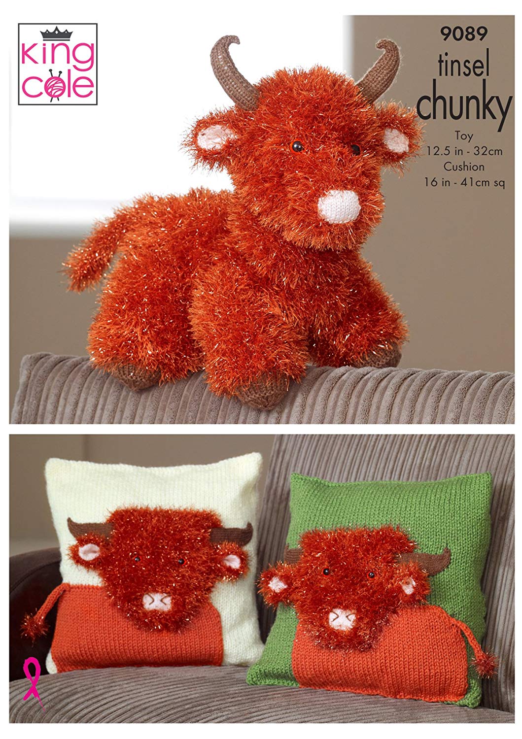 King Cole 9089 Knitting Pattern Highland Cow Toy & Cushion Covers in King Cole Tinsel Chunky - hanrattycraftsgifts.co.uk