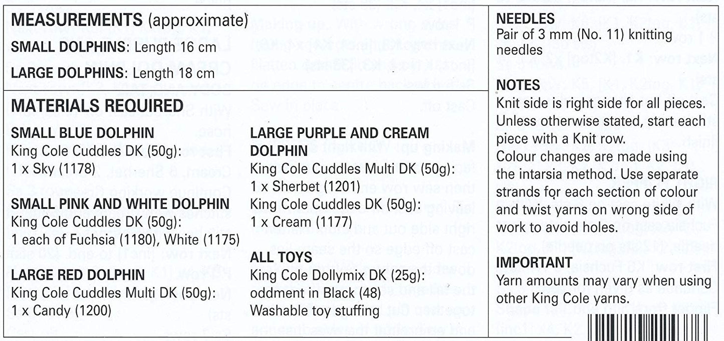 King Cole 9045 Knitting Pattern Toy Dolphins to knit in Cuddles DK - hanrattycraftsgifts.co.uk
