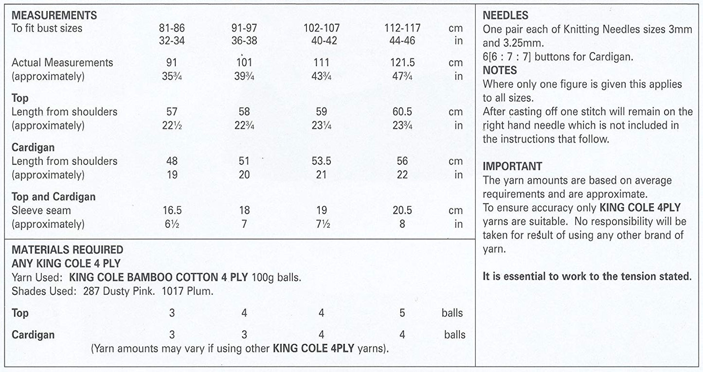 King Cole 4482 Knitting Pattern Ladies Top and Cardigan in Bamboo Cotton 4ply - hanrattycraftsgifts.co.uk