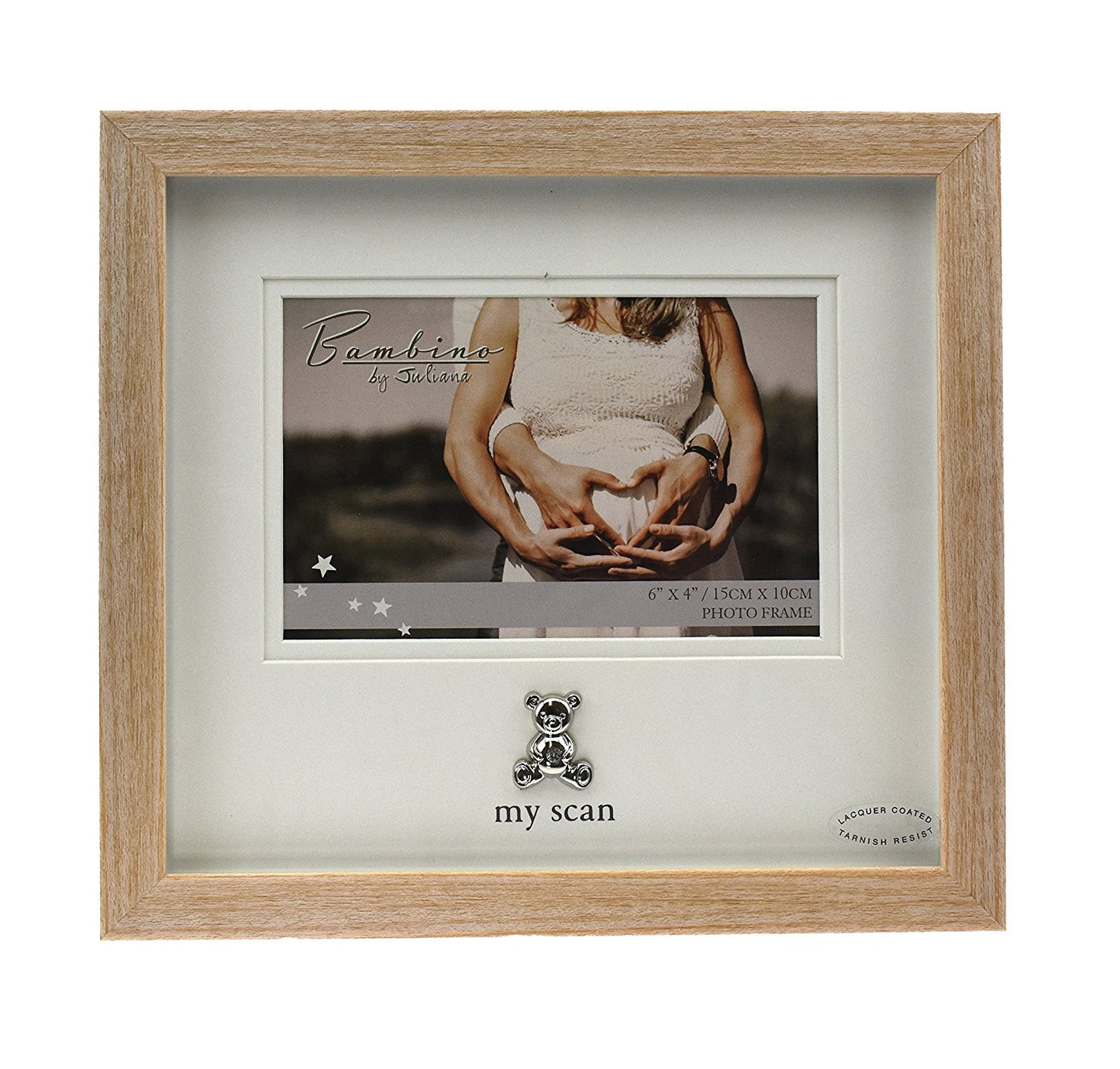 Bambino Light Wooden effect "My Scan"Picture Frame with Silver Pram Icon 6" x 4" - hanrattycraftsgifts.co.uk