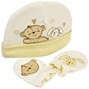 Button Corner Cute Embroidered New Baby Hat & Mittens Set in Gift Box