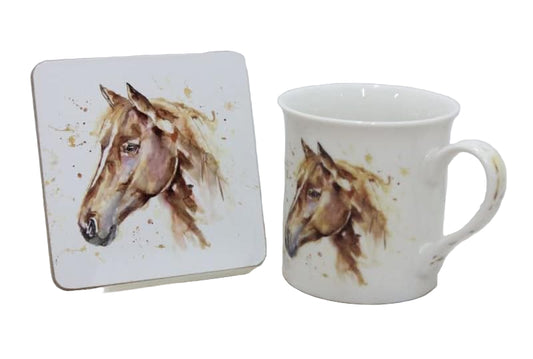 Ceramic Mug & Coaster | Country Life Horse design | Set of 2 Tableware, White