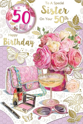 Express Yourself" Birthday Card To A Special Sister On Your 50th – White And Pink theme with some beautiful pink and white roses and beautiful pink purse and sunglasses.
