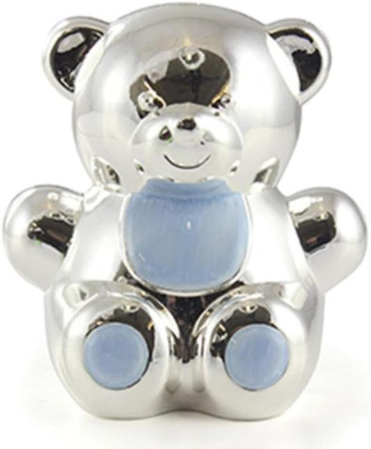 silver plated teddy money box baby blue