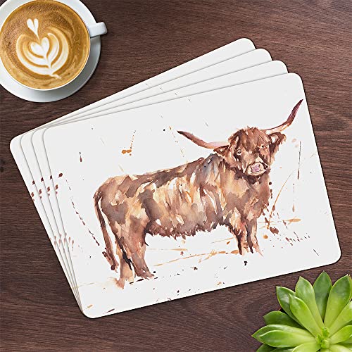 Leonardo Set of 4 The Country Life Highland Cow Design Placemats Water Coloured Inspired, 29cm x 21.5cm
